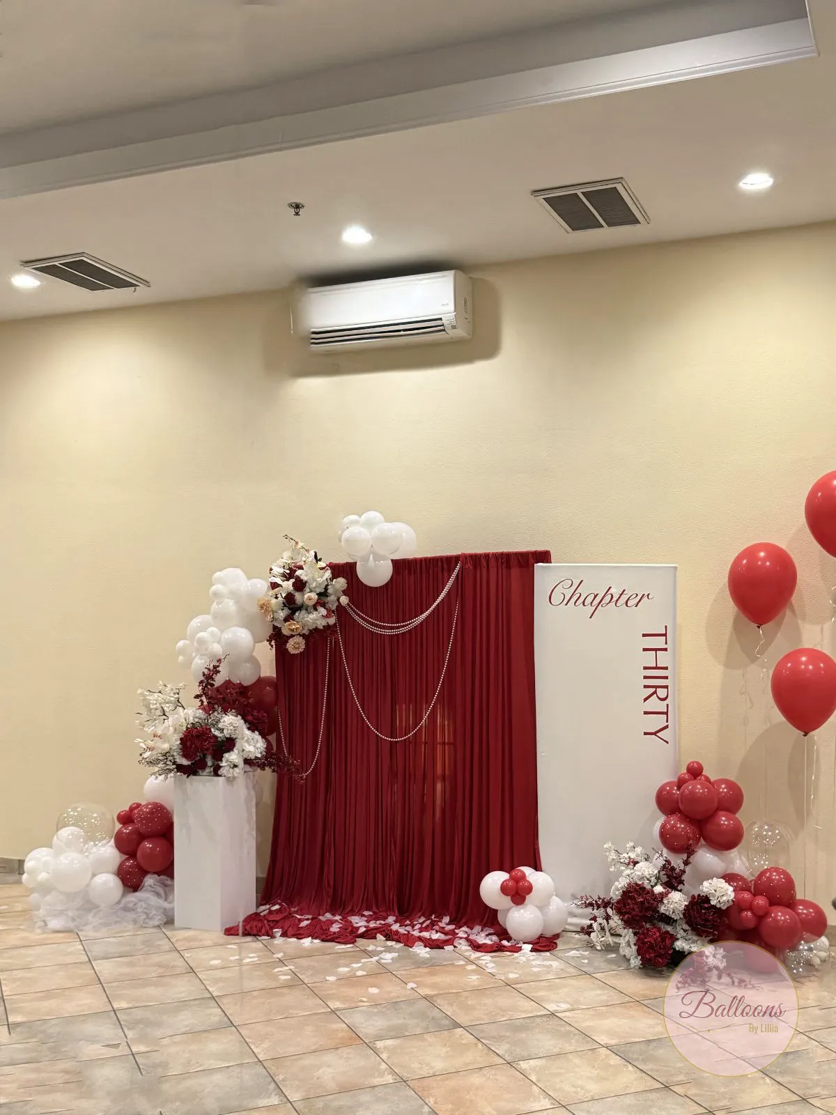 red and white balloon garland for birthday party in Jersey City
