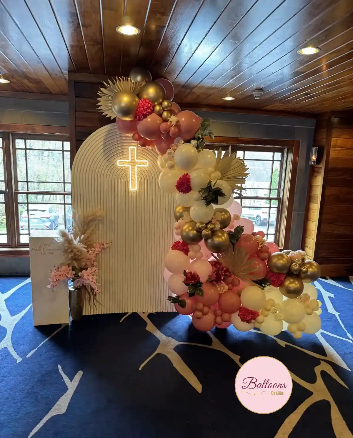 christening balloon setup with neutral colors NYC