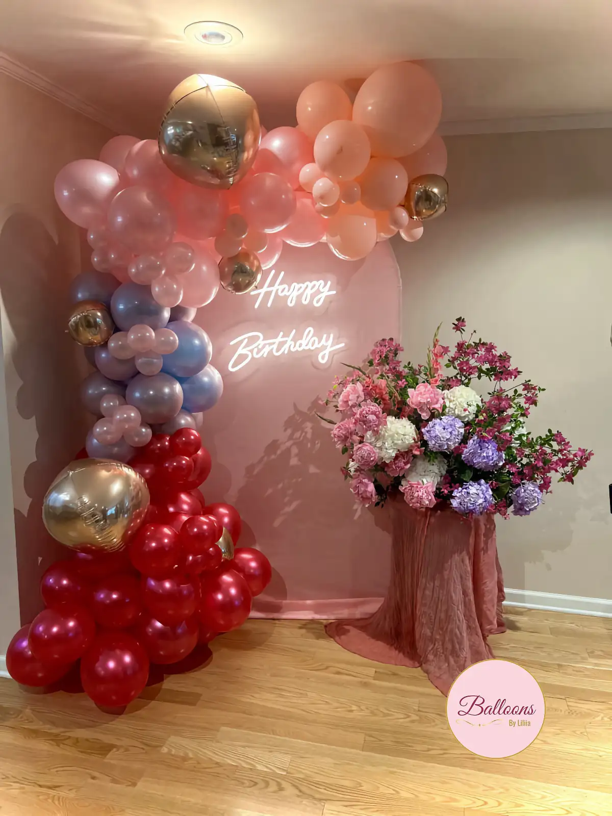 pink birthday balloon garland with gold accents NJ